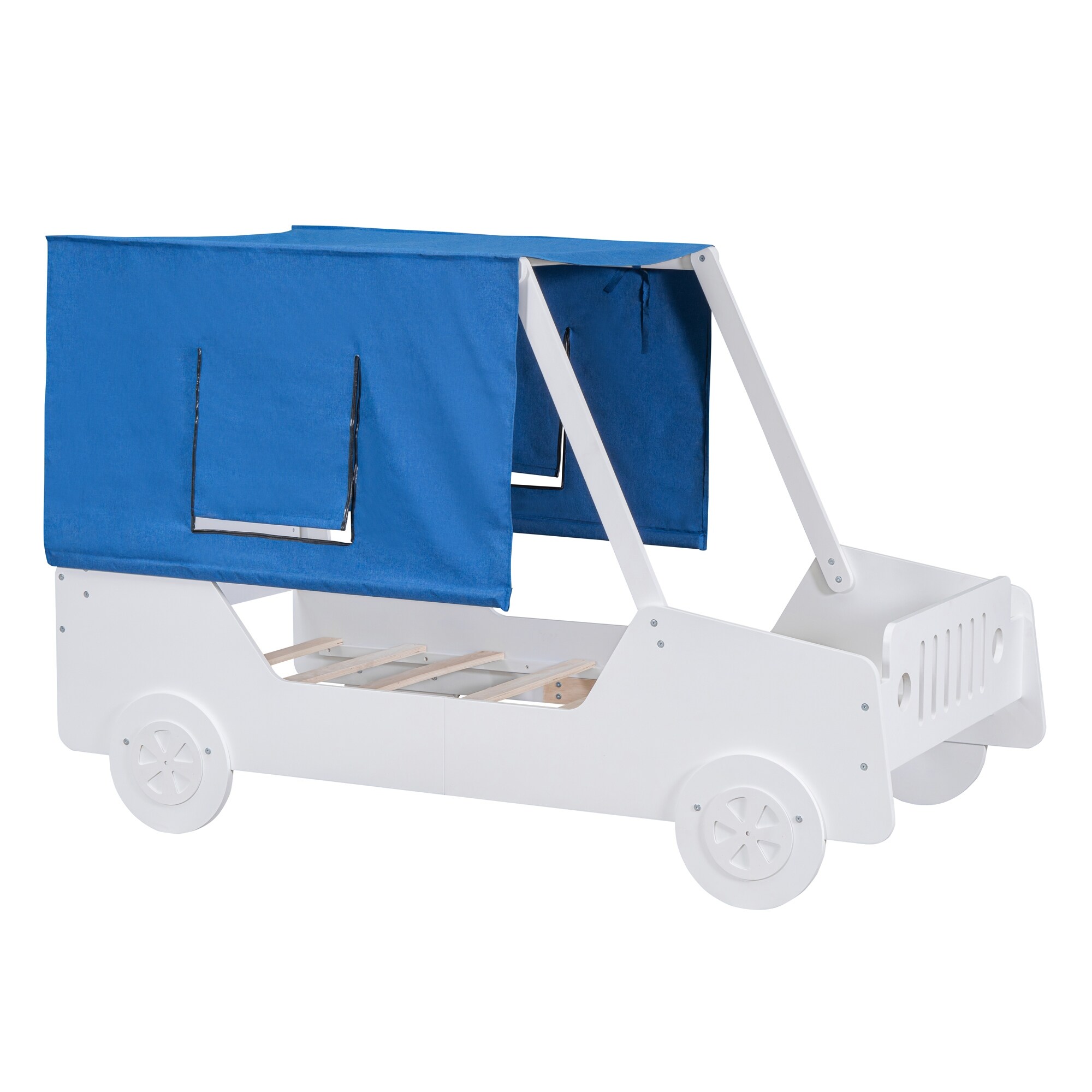 Twin Size Car Shaped Bed with Tents Rugged Wheels Sturdy Wooden Jeep Bed Frame for Kids Bedroom White Bed Bath Beyond 40165295
