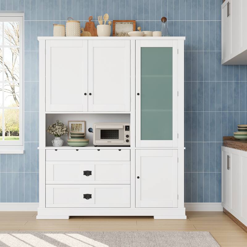 Roomfitters 78 Inch Large Kitchen Pantry Storage Cabinet with Microwave Station and Drawers, Shaker Style