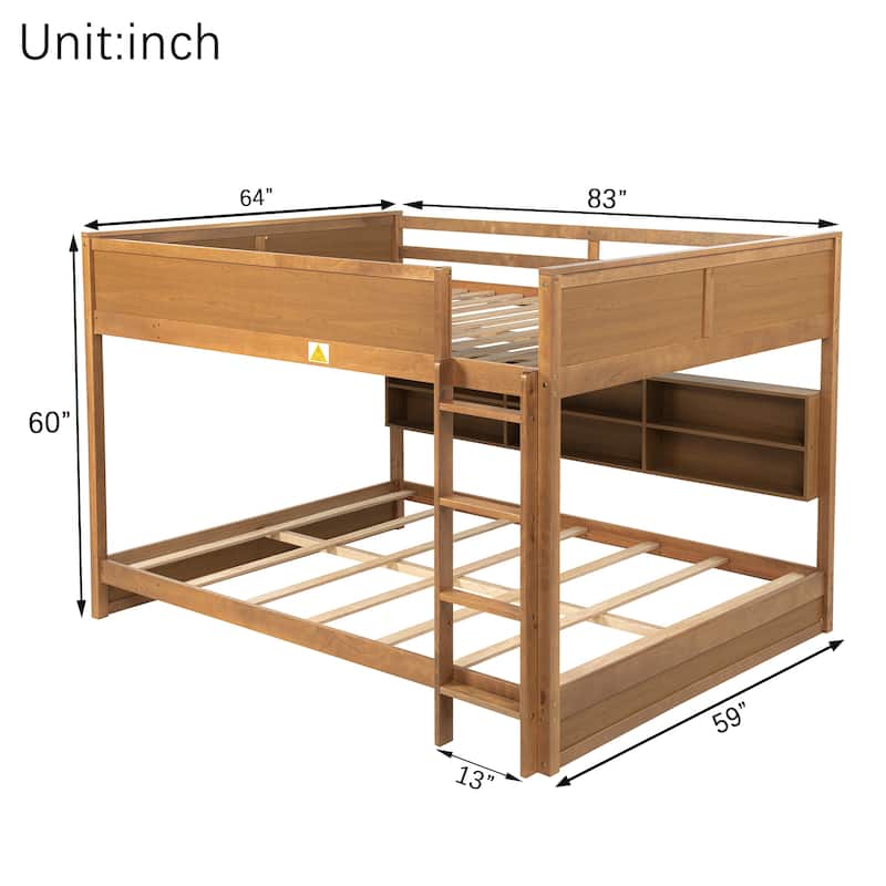 Queen Over Queen Bunk Bed with Storage Cabinets, Charging Station, Ladder and Guardrails, Solid Pine Wood Frame