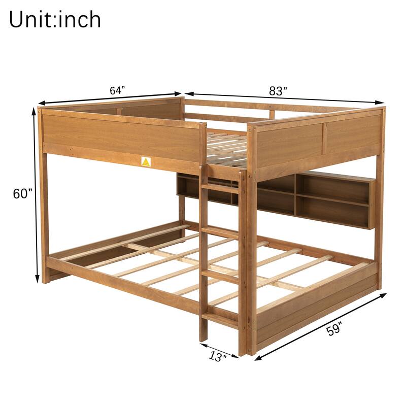 Queen Over Queen Size with Underbed Storage Bookcase and Charging Station, Wood Bunk Bed Frame with Panel Guardrails and Ladder