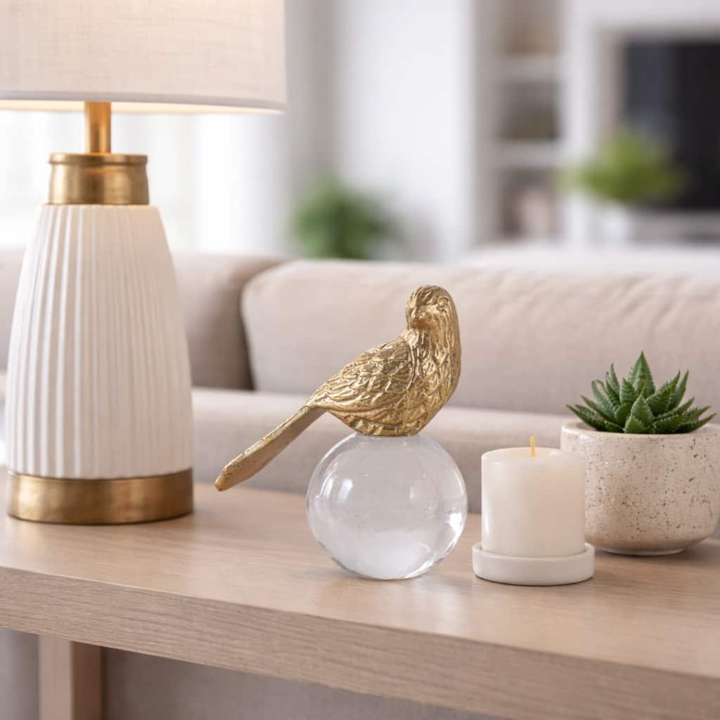 Modern Bird on Acrylic Ball Figurine Statue - 6", Gold & Clear - 5.5"