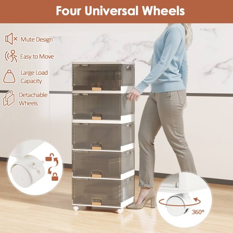 White-Brown PP and ABS Stackable Storage Bin with Wheels, Foldable Cubes