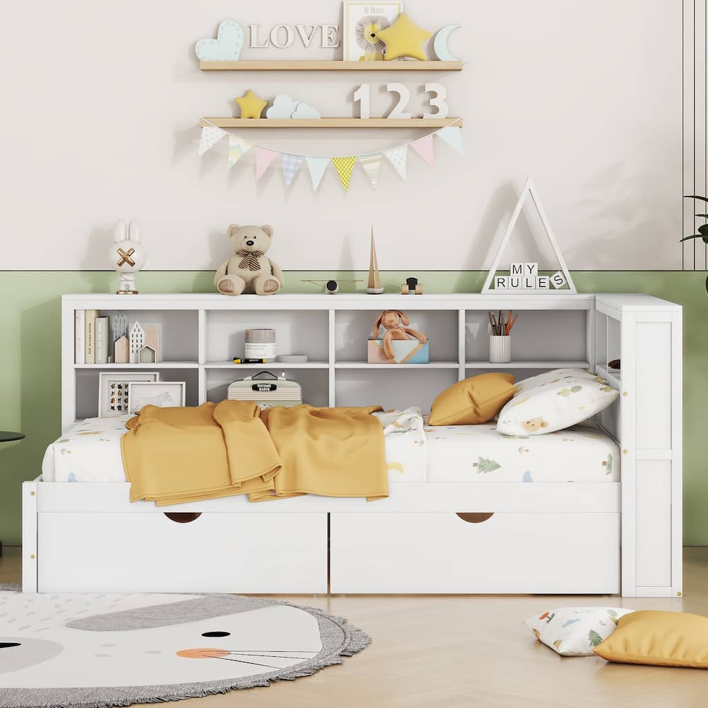 Wood Twin/Full Size DayBed with 2 Drawers, Storage Shelf and USB Charging Ports