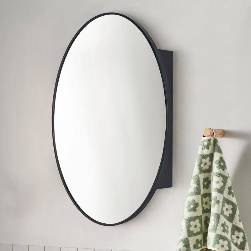 Surface Mount Oval Bathroom Medicine Cabinet with Mirror and adjustable shelves - 20" x 30" - Black