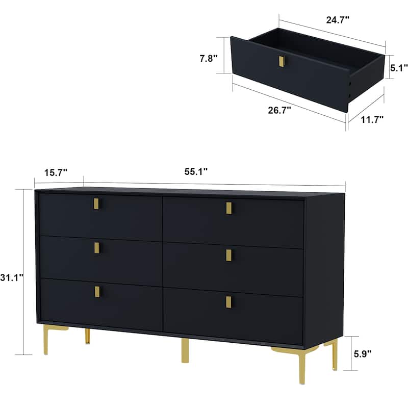 Dresser 6 Drawer Wood Dresser for Bedroom with Storage Modern Gold