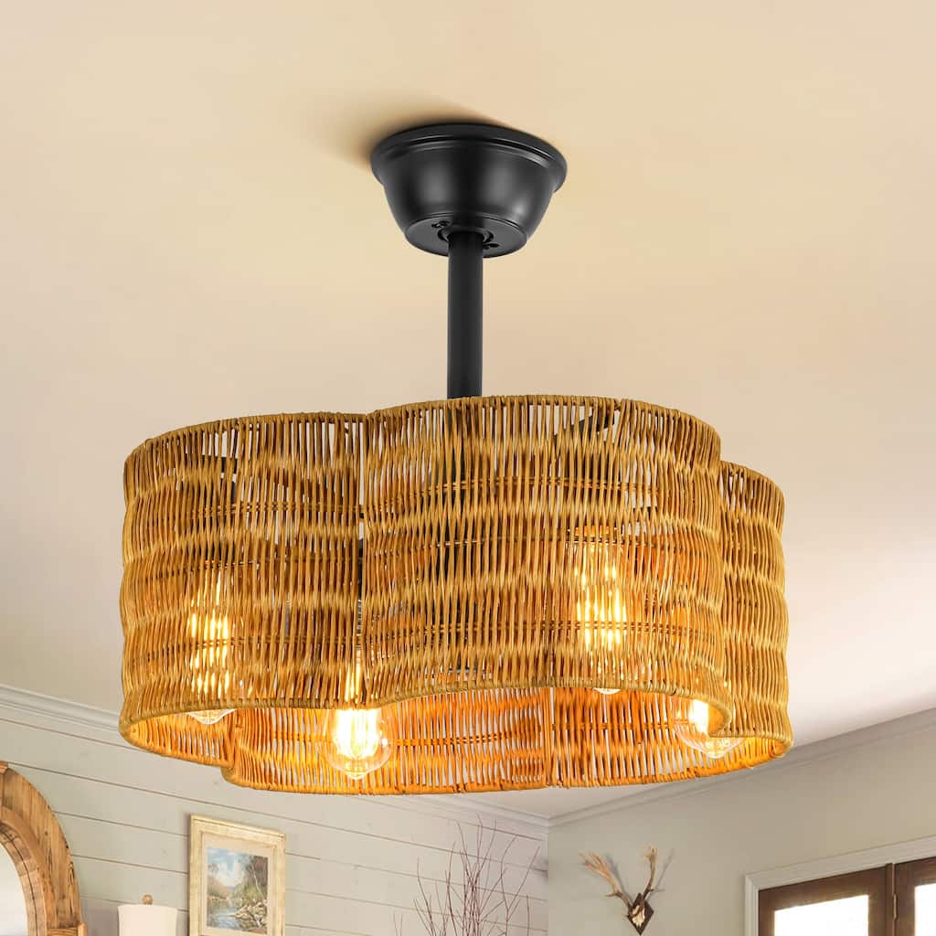 4-Light Modern Farmhouse Black and Deep Brown Geometric Drum Ceiling Fan Lighting with Remote Included - 20 in. W x 8.27 in. H