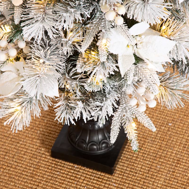 Glitzhome 5FT Pre-Lit Flocked Pine Artificial Christmas Porch Tree with 150 Warm White Lights and Poinsettia