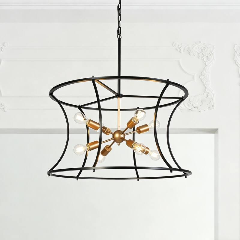 Modern 8-Light 29.5"D Chandelier Black Gold Drum-Shaped Large Pendant for Dining Room - Drum