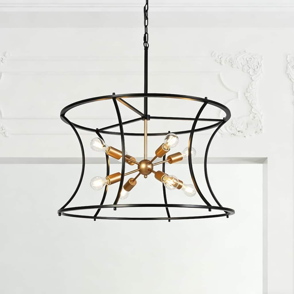 Modern 8-Light 29.5"D Chandelier Black Gold Drum-Shaped Large Pendant for Dining Room - Drum