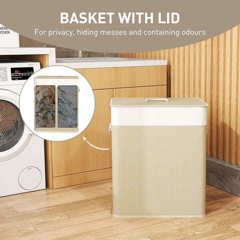Natural wicker Laundry Basket with Dual Compartments Detachable Washable Bags 26 Gallon Large Capacity Portable