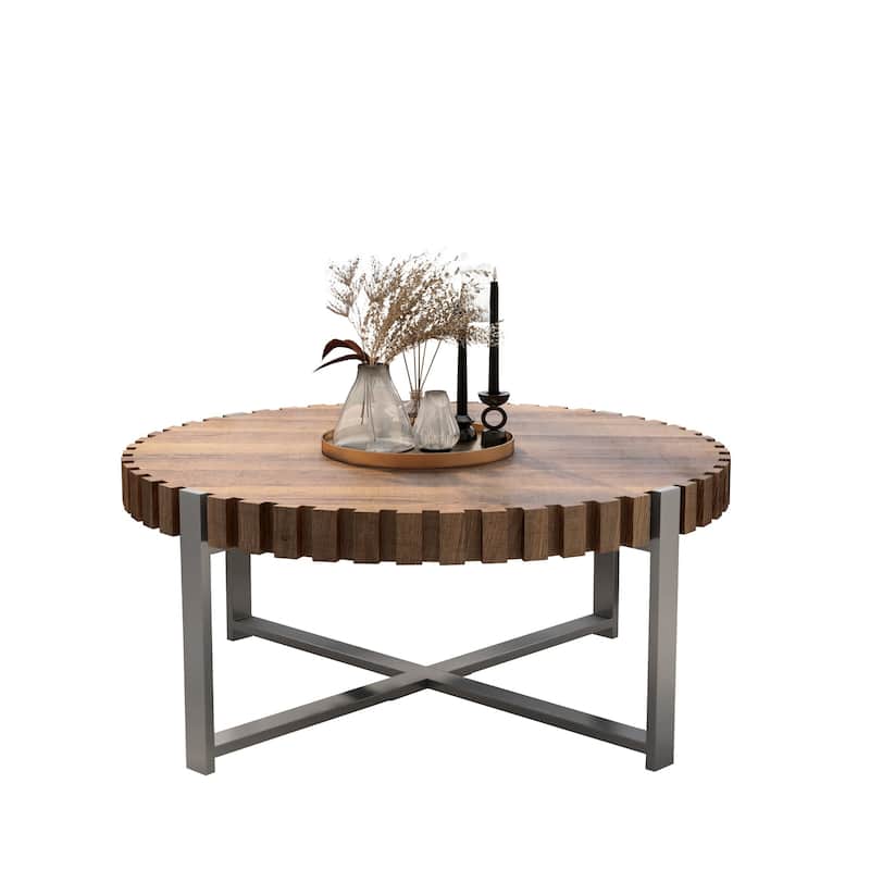 31.4"Circular Coffee Table, Modern Natural Wood Grain Handmade Drum Shaped Coffee Table, Wooden Felief Coffee Table