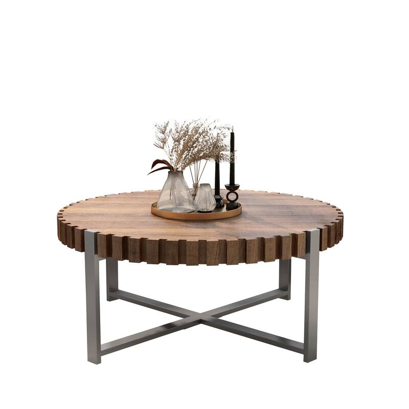 GDFStudio - Elvara Minimalist Round Coffee Table with Fluted Wood Edges, Drum Base Design & Stable Metal Frame - 31.5"W