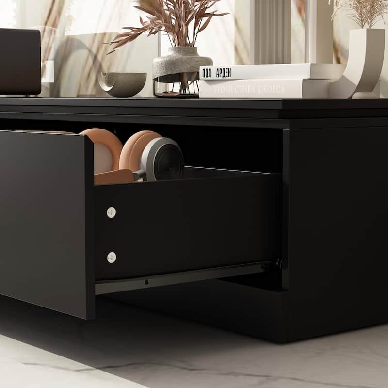 Sleek Entertainment Center with Drawers and Open Shelves