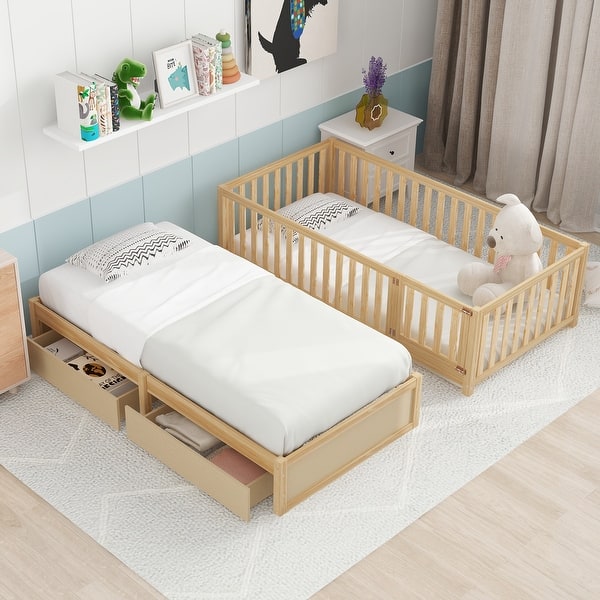 slide 2 of 20, Wood Toddler Bed with 2 Drawers, Pine Twin Bed Frame Natural Natural - Twin
