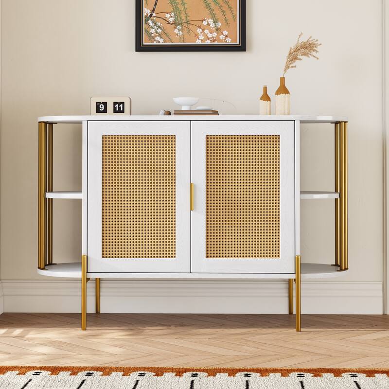 Curved Dining Sideboard with Gold Trim and Woven Rattan Doors for Stylish Dining Room Storage - White