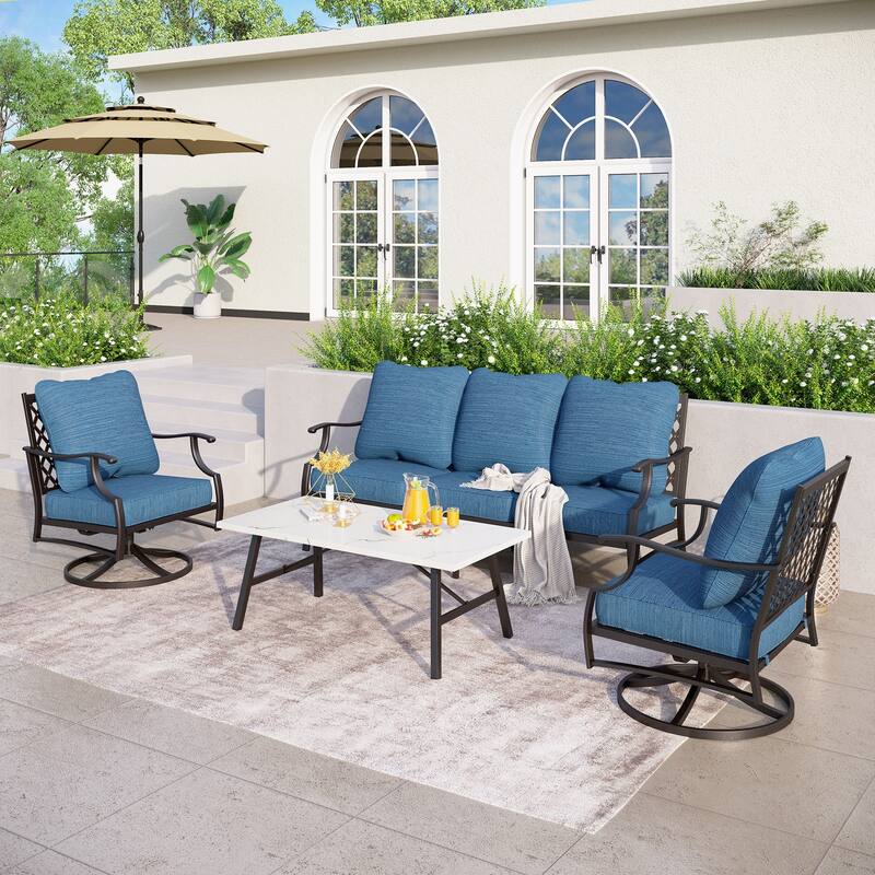 MAISON ARTS 4/5-Piece Patio Conversation Sets, Sofa Set with 2 xSingle Sofa Chairs, 1 x 3-seater Sofa and Coffee Table/Ottomans - Set 2 - Peacock Blue