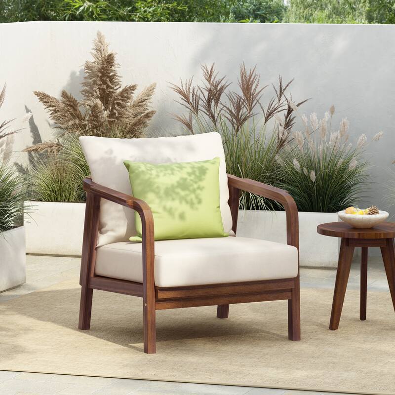Outdoor Lounge Chair with Woven Backrest, Solid Wood Frame, and Comfortable Cushions for Patio or Garden