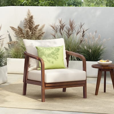 Outdoor Lounge Chair with Woven Backrest, Solid Wood Frame, and Comfortable Cushions for Patio or Garden