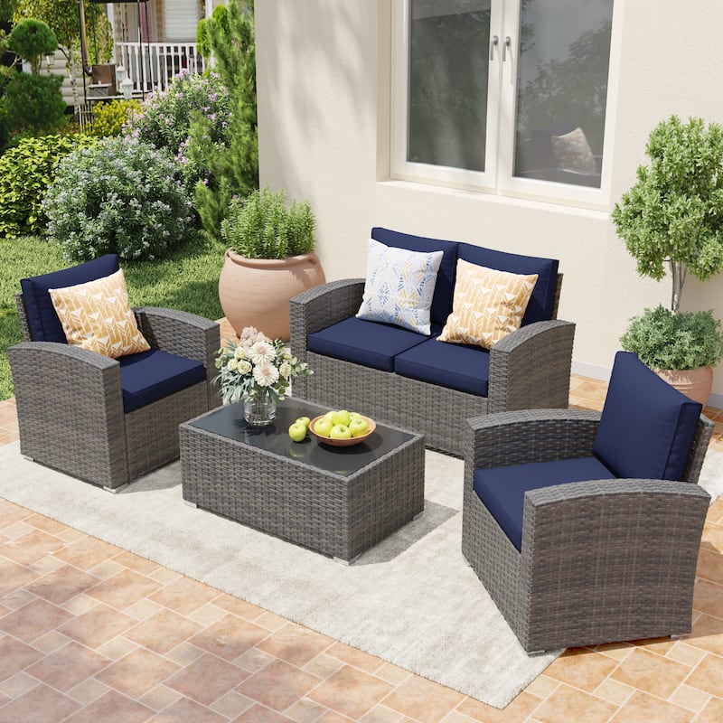 4 Person Patio Rattan Conversation Set with Grey Cushions Outdoor Tempered Glass Table - Blue