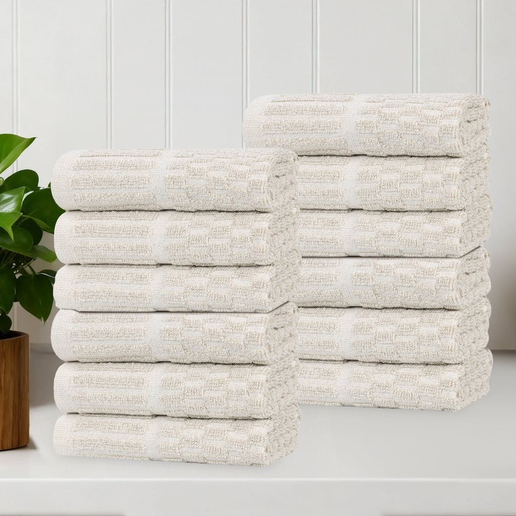 Blue Nile Mills Cotton Blend Medium Weight Checkered Border Face Towels Washcloths, Set of 12