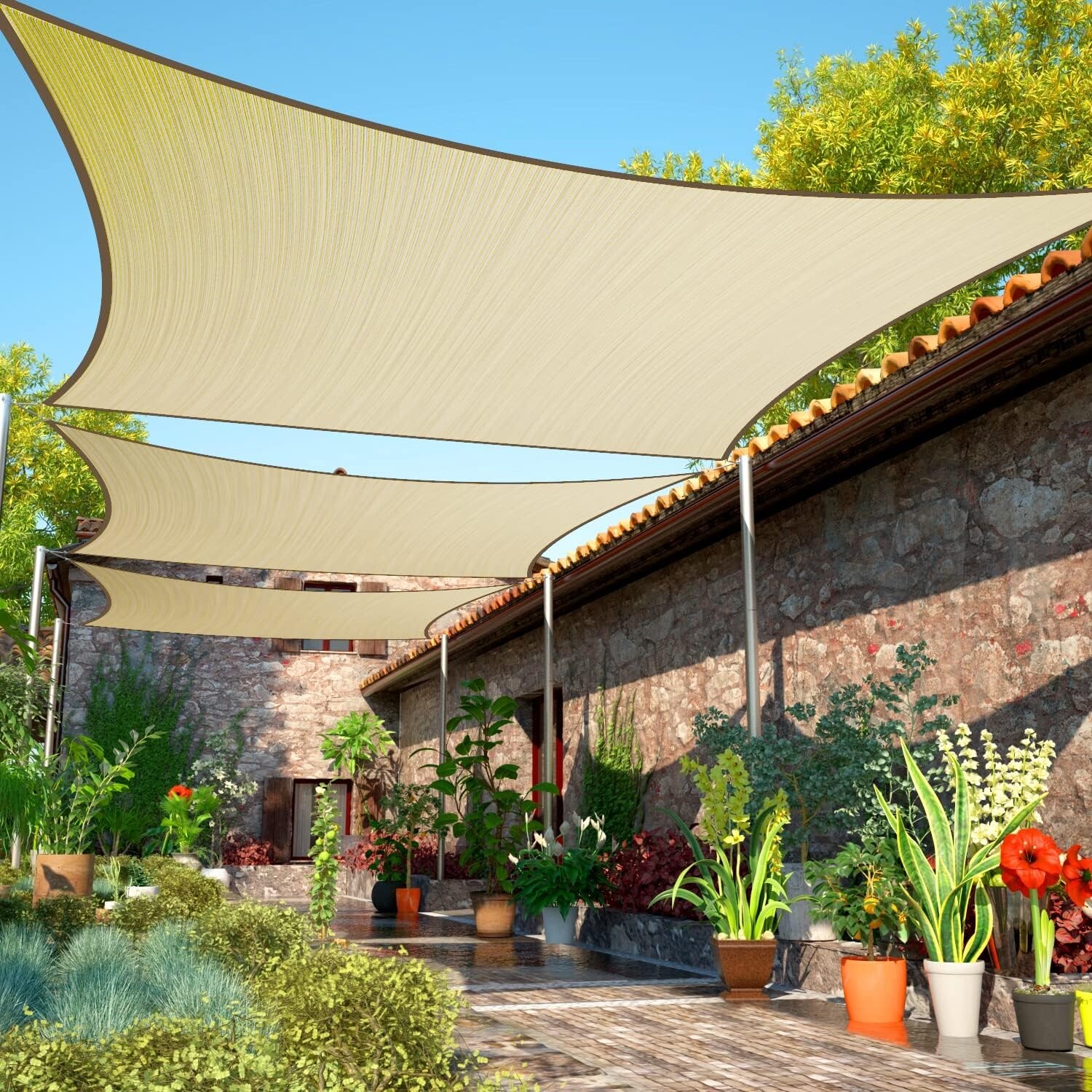 14' x 20' Beige Rectangle Sun Shade Sail, UV Resistant, Water and Air Permeable, Customizable Size for Outdoor Use