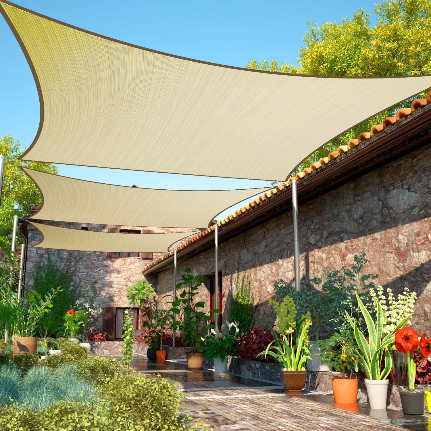 7' x 9' Beige Rectangle Sun Shade Sail, UV Resistant & Water Permeable, Custom Sizes for Outdoor Use