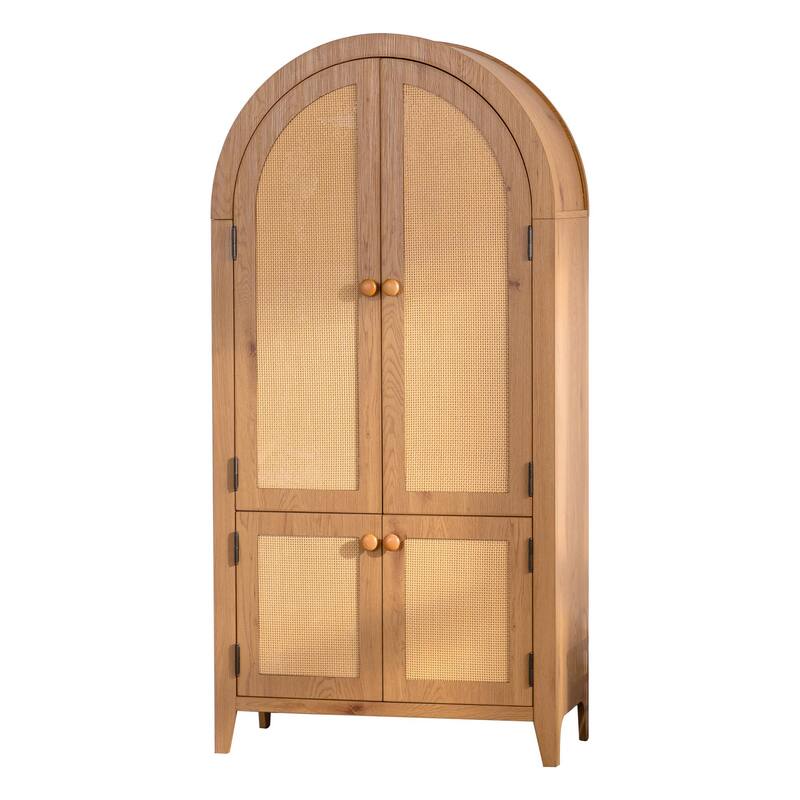 Arched Kitchen Pantry Cabinet, Arched Bookcase with Rattan Doors, Freestanding Storage Cabinet with Adjustable Shelves