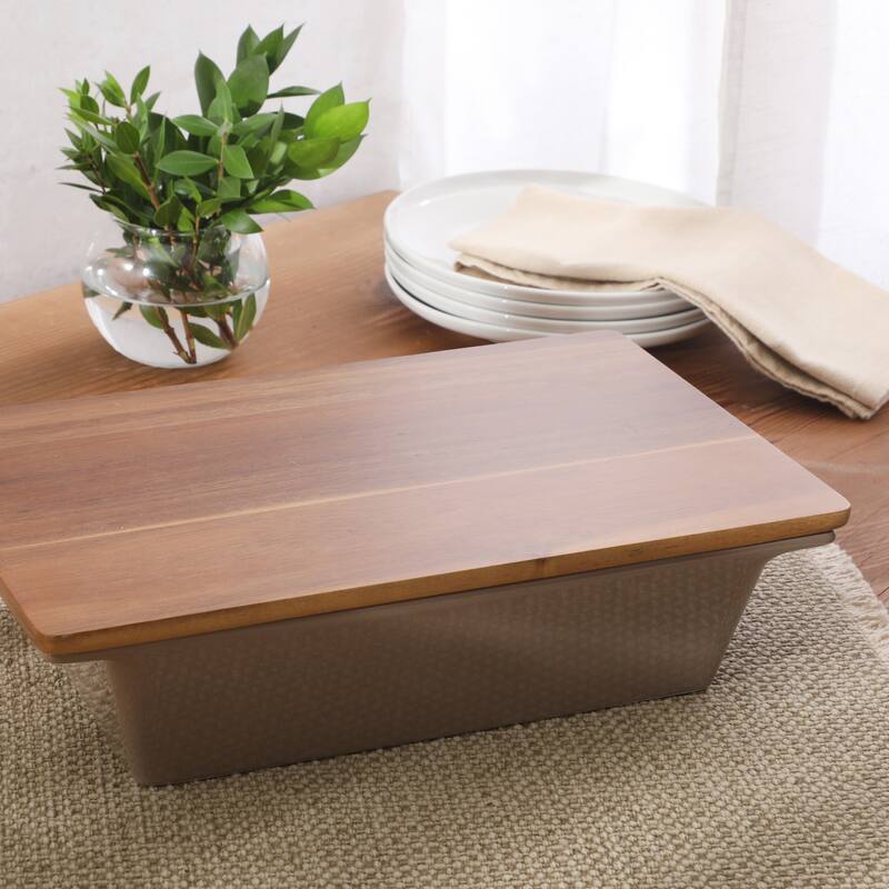 Gibson Elite 2 Quart or 2.75-Quart Stoneware Baking Dish with Acacia Wood Lid - Taupe Rectangular Oven Safe Baker