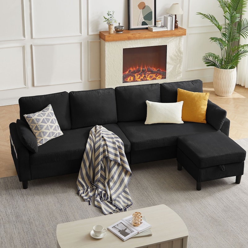 100.79" Corduroy L shaped Pillow Top Arm Sofa With Storage Bag