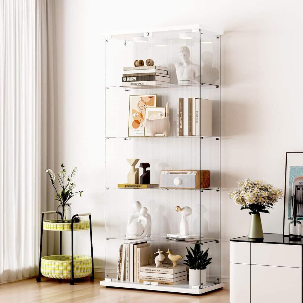 Glass Display Cabinet 5-Shelf with Door, LED Push Lights with Remote Control,5mm Tempered Glass Floor-to-Ceiling Bookcase