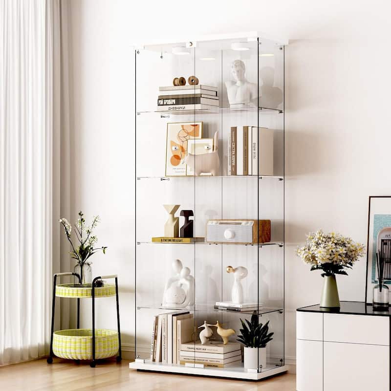 Glass Display Cabinet 5-Shelf with Door, LED Push Lights with Remote Control,5mm Tempered Glass Floor-to-Ceiling Bookcase - White