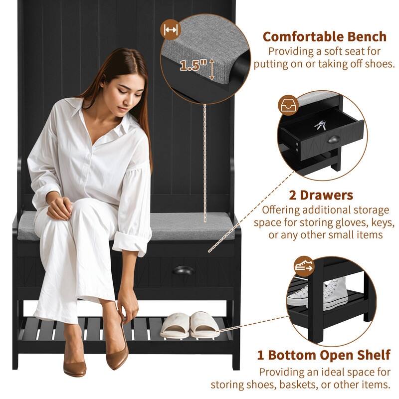 3-in-1 Design Hall Tree with 6 Hooks and Hinged Lid，Entryway Bench with Coat Hanger