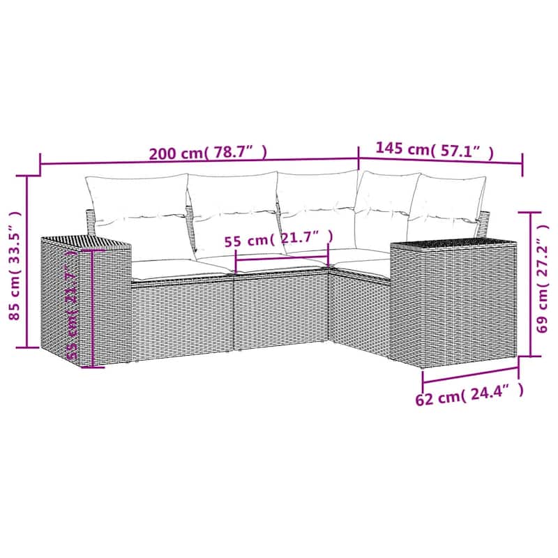 vidaXL 4 Piece Patio Sofa Set with Cushions Grey Poly Rattan - 24.4" x 24.4" x 27.2"