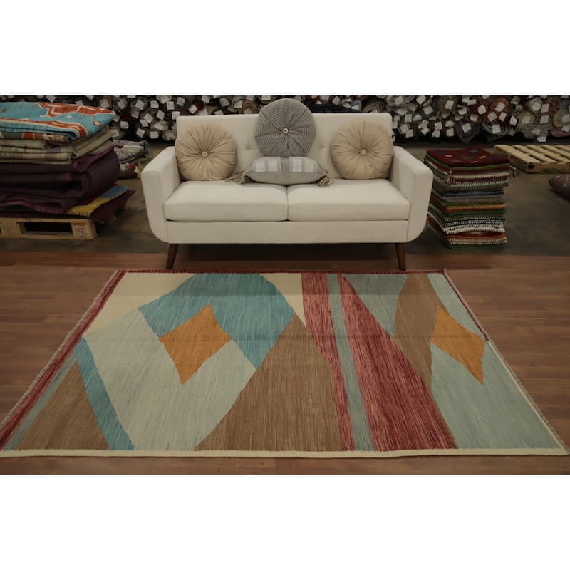 Hand Woven Oriental 100% Wool Carpet Southwestern Tribal Multi-Colored Kilim Area Rug - 6' 6'' X 4' 11''