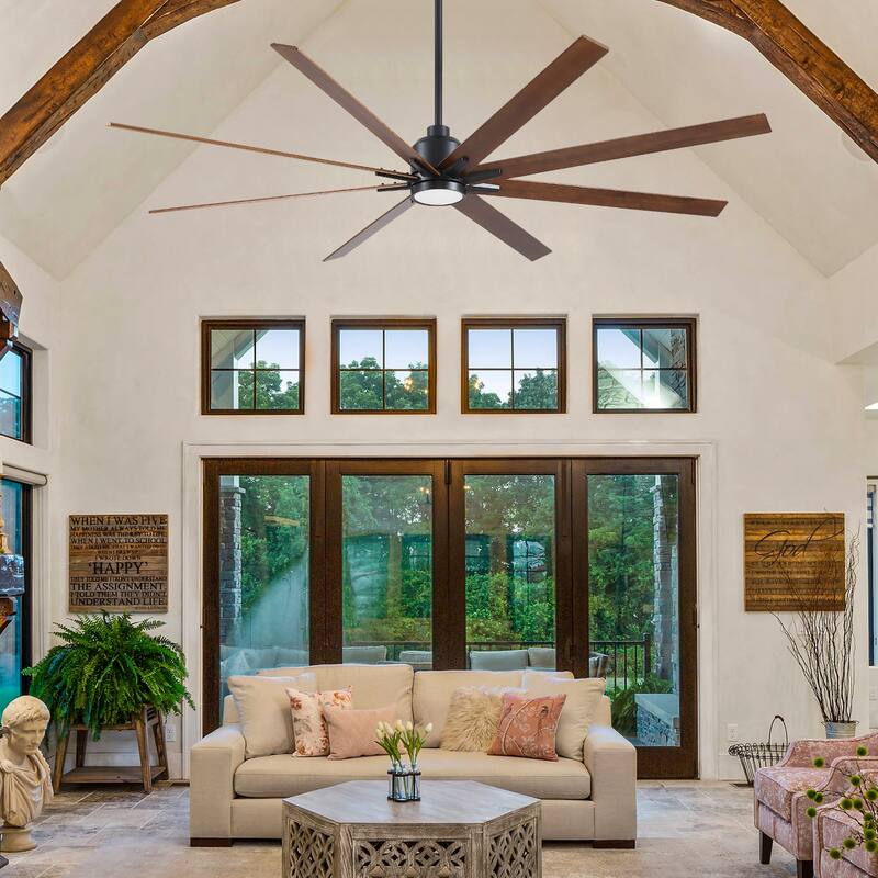 YUHAO 84 In. Indoor/Outdoor Modern Industrial Large Windmill Aluminum Blade Ceiling Fans With Lights, Quiet DC Motor and Remote