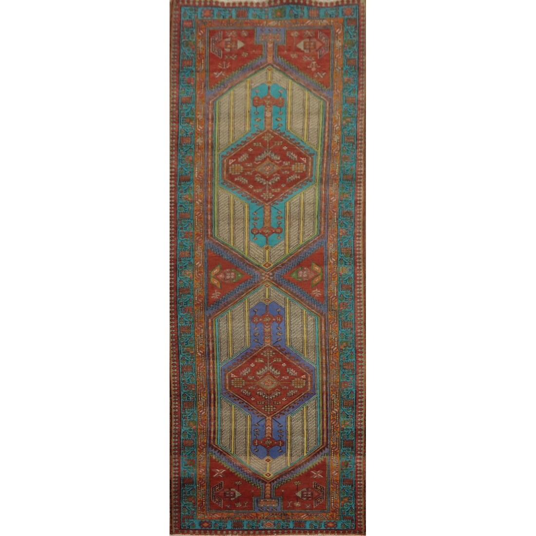 Hand Knotted Oriental 100% Wool Carpet Traditional Geometric Multi-Colored Ardebil Runner Rug - 10' 9'' X 3' 2''