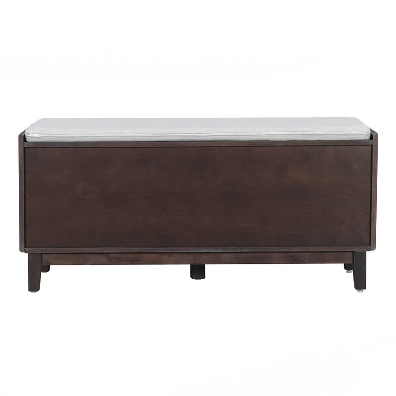 Rattan Entryway Bench with Storage, Cushioned Shoe Bench with Double Doors