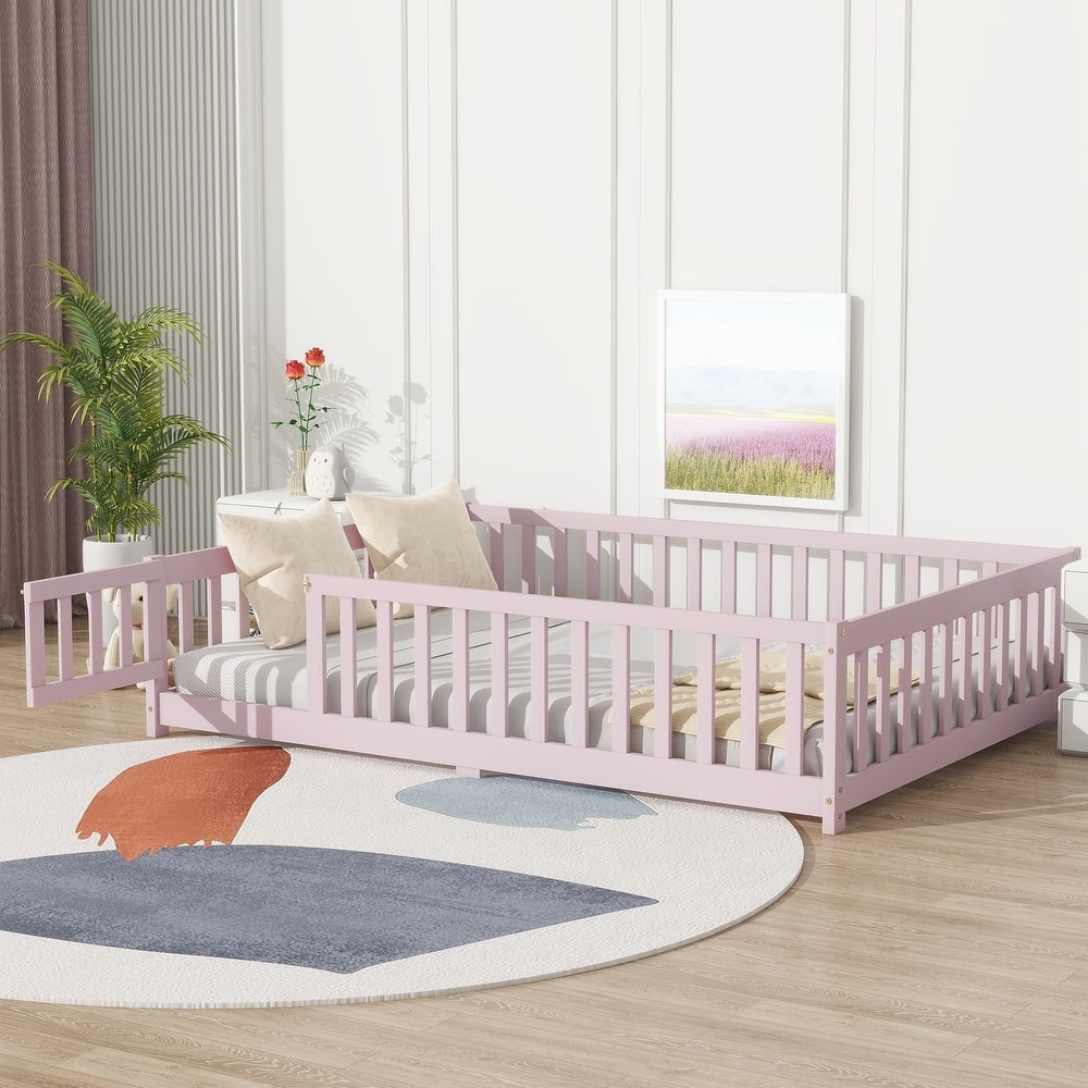 Wooden Floor Bed Frame with Slats Support, Twin Size Kids Floor Bed, Rubber Wood Twin Floor Bed Frame with Fence and Door