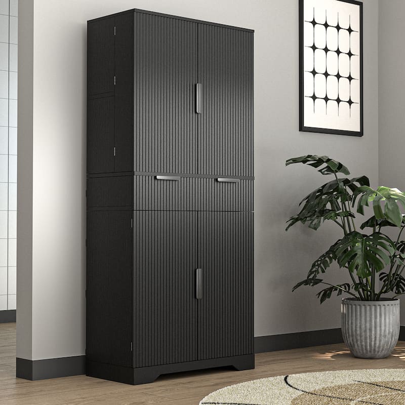 Kitchen Pantry Cabinet, Fluted Kitchen Cupboard with 3 Keyboard Drawers, Tall Storage Cabinet with Adjustable Shelves