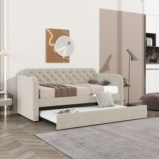 Twin Size Upholstered Daybed with Trundle and USB Charging Design, Velvet Upholstered Daybed Frame