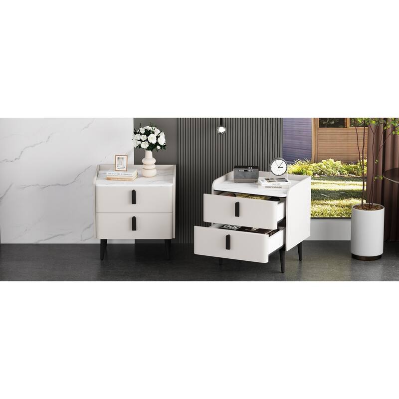 Nightstands Set of 2: 2-Drawer Marble-Pattern Top Modern Bedside/End Table - White