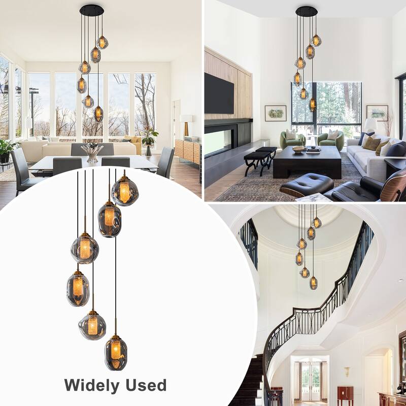 18" 6-Light Smoked Irregular Glass Round Pendant Light, Frosted Tubes