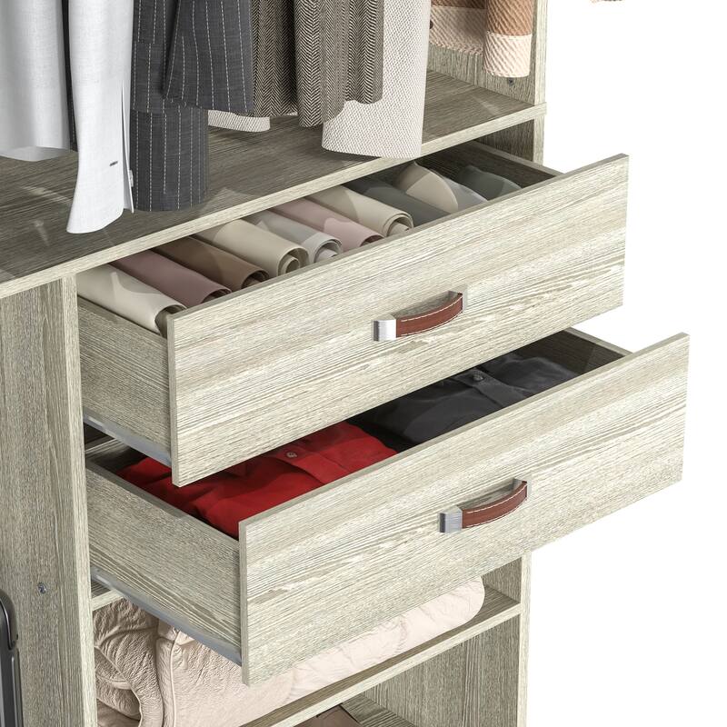 Rackcog Freestanding Closet Organizer with Hanging Rod, Closet System Wardrobe with Wood Drawers
