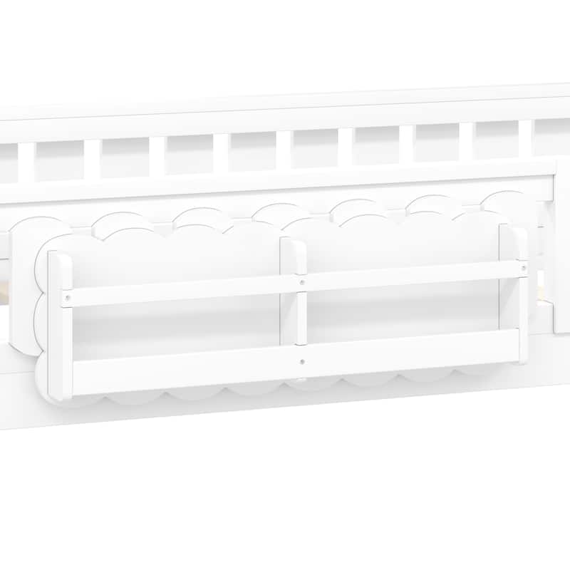 Kid Wood Platform Storage Bed Montessori Toddler Floor Bed Children Daybed with Guardrail and Side Creativity Storage Shelves