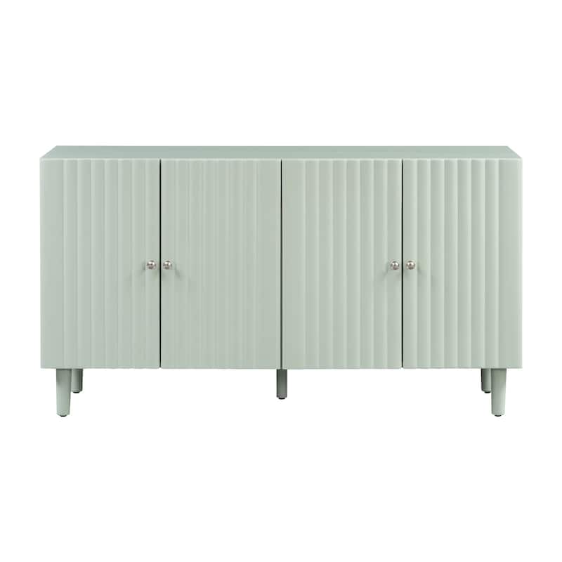 Rubber Wood 4 Door Sideboard with Wavy Pattern Doors and Cylindrical Legs, Storage Cabinet with Metal Door Handle