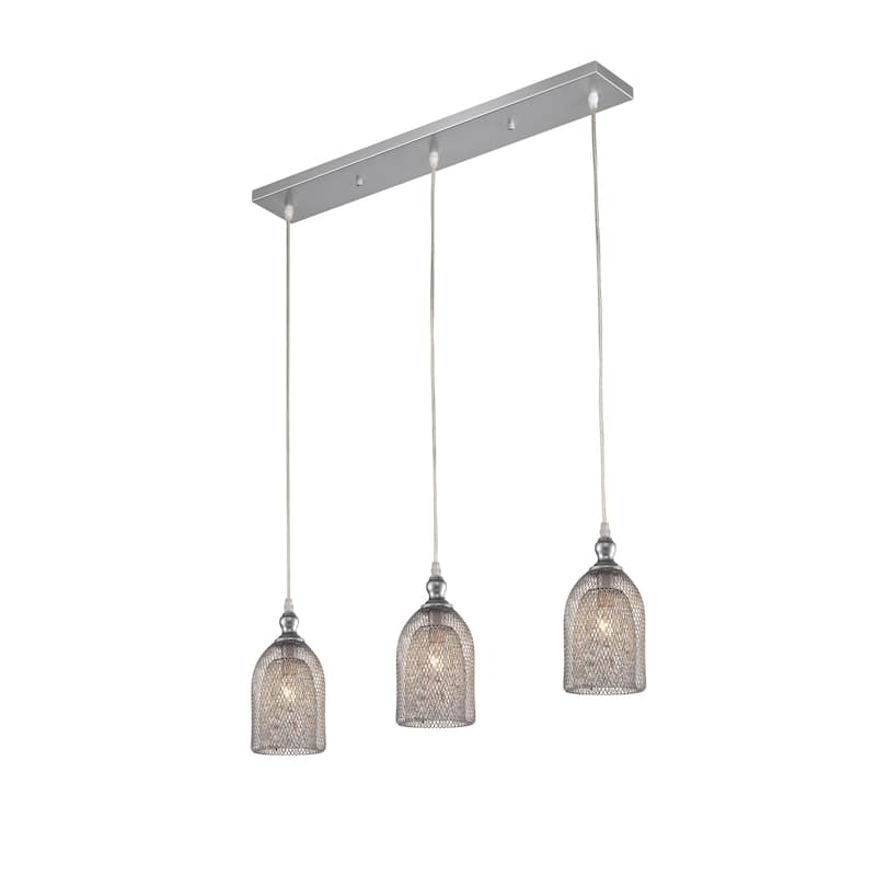 Emili Silver 3-Light Metal Bell Shades Linear Pendant Light with Clear Crystals Design
