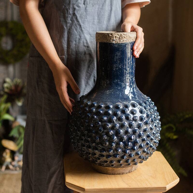 RusticReach Large South East Asia Navy Blue Domo Coarse Pottery Vase