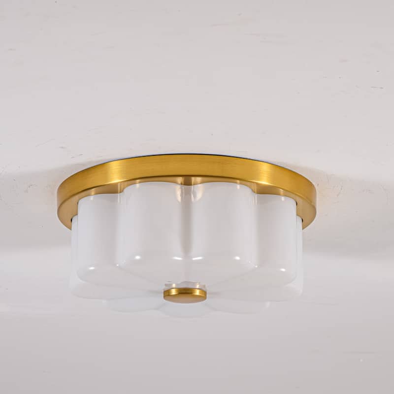 1-Light Brushed Gold Trim Flower-Shaped Frosted Glass LED Flush Mount with 5-Step Dimming for Bedroom & Hallway