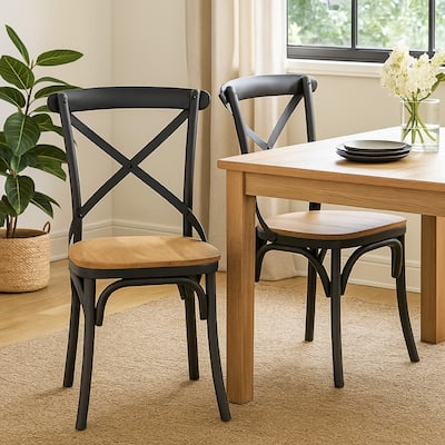 Vaya Dining Side Chair Set of 2, Rustic Cross Back, Black Iron Frame