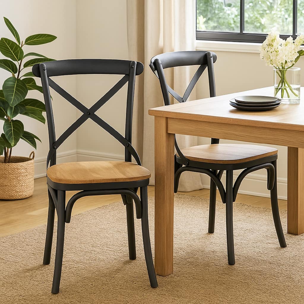 Vaya Dining Side Chair Set of 2, Rustic Cross Back, Black Iron Frame